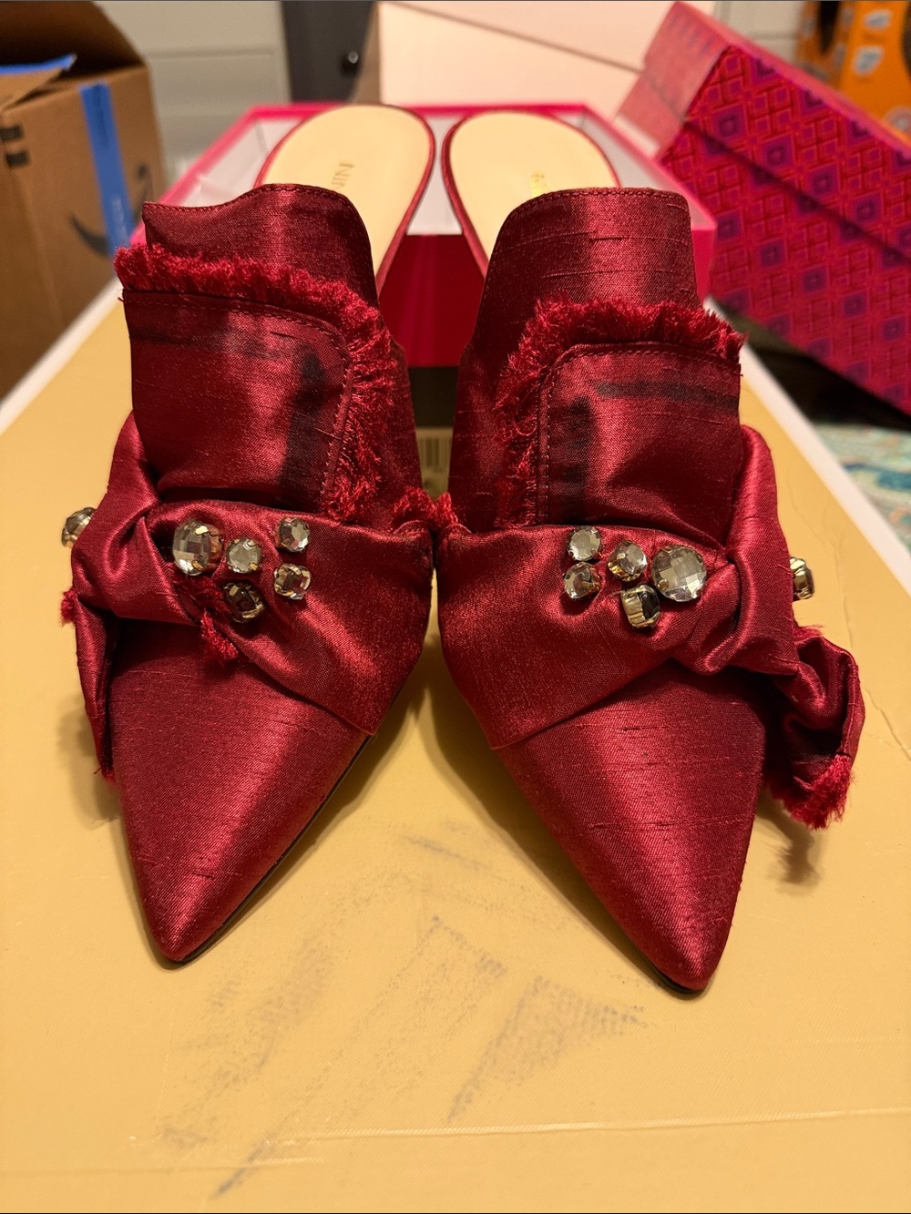 Nine West Burgundy Satin Pointed Toe Mule with Gem Accents